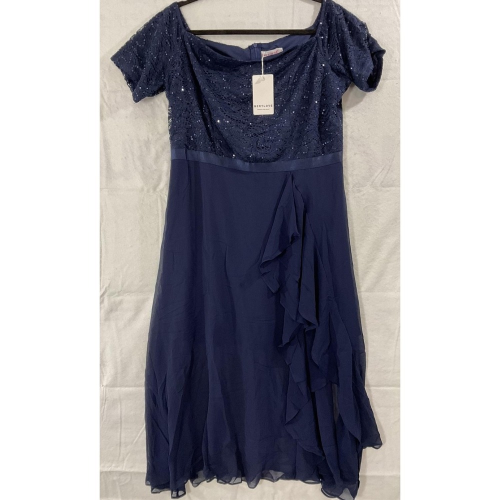 Berylove Dress Womens XL Navy Blue Sequin Lace Off Shoulder Maxi Formal Gown New